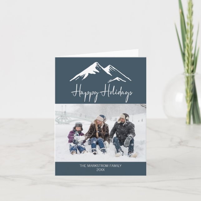 Cartes Pour Fêtes Annuelles Snowy Mountain Blue Joyeux jours fériés Photo Noël (Devant)