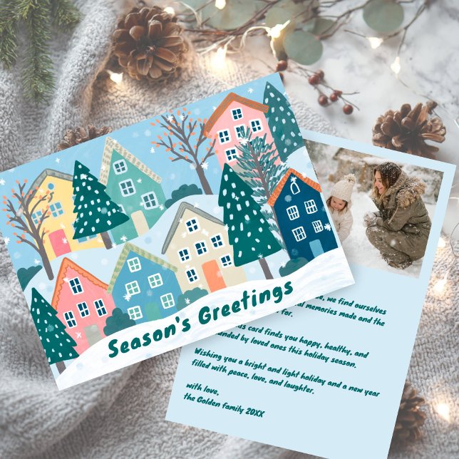 Cartes Pour Fêtes Annuelles Snowy Village Illustration Cute CUSTOM Photo  (Snowy Winter Village Holiday Christmas CUSTOM Photo Flat Holiday Card
)