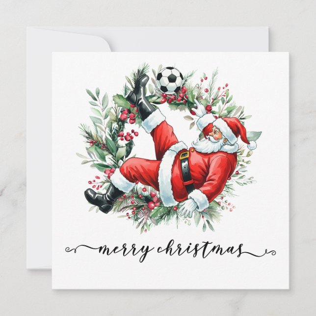Cartes Pour Fêtes Annuelles Soccer Happy Holidays Père Noël jouant au football (Devant)