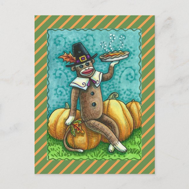 CARTES POUR FÊTES ANNUELLES SOCK MONKEY THANKSGIVING ET CITROUILLE PIE (Devant)