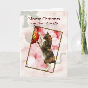 Cartes Pour Fêtes Annuelles Soeur et sa femme, Meowy Christmas