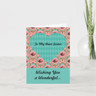 Cartes Pour Fêtes Annuelles Soeur Turquoise et corail théière et coeur Valenti