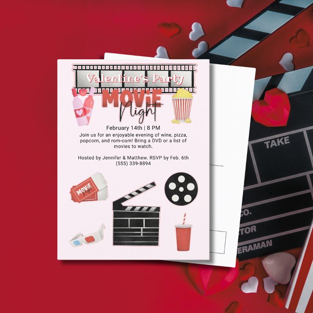 Cartes Pour Fêtes Annuelles Soirée cinéma de la Saint Valentin (Valentine's Party Movie Night Holiday Postcard)