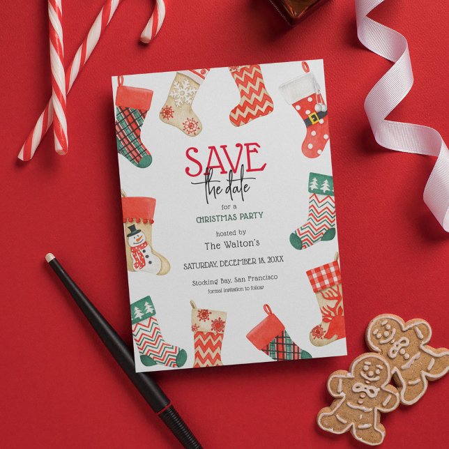 Cartes Pour Fêtes Annuelles Soirée de Noël Cute Stocking Enregistrer la date (Créateur téléchargé)