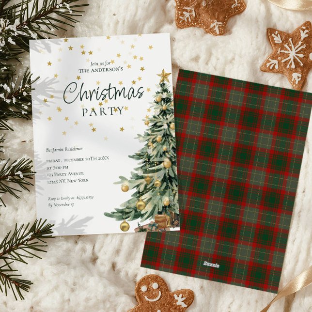 Cartes Pour Fêtes Annuelles Soirée de Noël Elégante Aquarelle Verte Arbre (Créateur téléchargé)