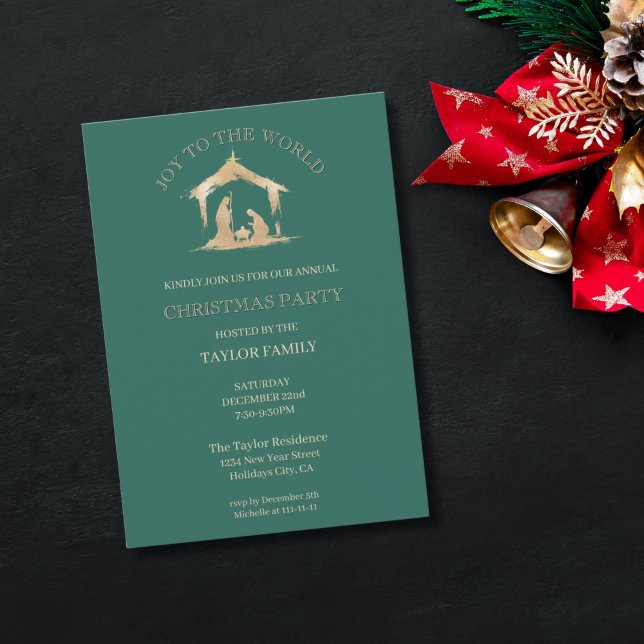 Cartes Pour Fêtes Annuelles Soirée de Noël moderne fête Nativité religieuse (religious christmas family party invitation with green background and gold nativity scene)