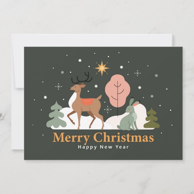 Cartes Pour Fêtes Annuelles Soirée de Noël tranquille avec rennes et lapin (Devant)