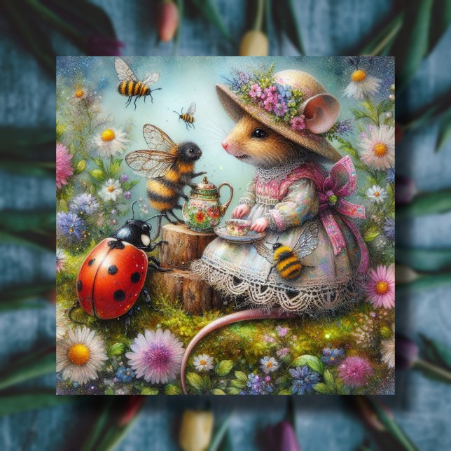 Cartes Pour Fêtes Annuelles Soirée Thé de Pâques Mouse Bees Ladybugs (Créateur téléchargé)