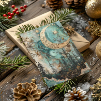 Cartes Pour Fêtes Annuelles Solstice d'hiver de Yule Turquoise forêt lune