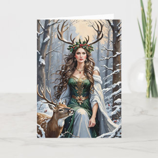 Cartes Pour Fêtes Annuelles Solstice d'hiver déesse & cerf dans la forêt