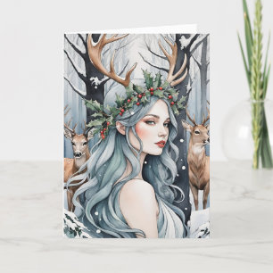 Cartes Pour Fêtes Annuelles Solstice d'hiver déesse & cerf dans la forêt