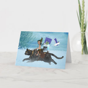 Cartes Pour Fêtes Annuelles Solstice D'Hiver Elfe De Bois Sur Chat Livrant Mer