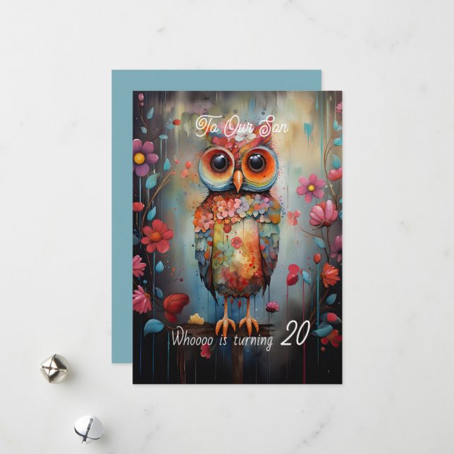 Cartes Pour Fêtes Annuelles Son 20e anniversaire Chouette Abstraite (Devant/Arrière en situation)