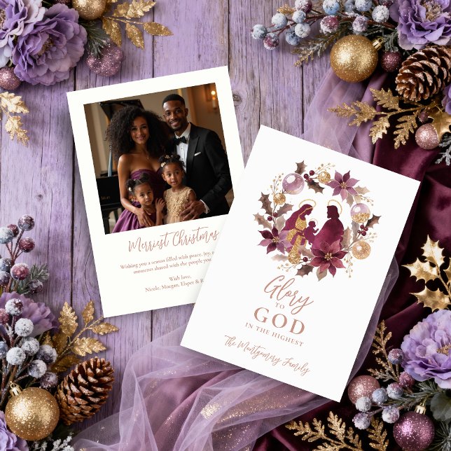 Cartes Pour Fêtes Annuelles Sophisticated Lavender Shades Holy Nativity Floral (Sophisticated Lavender Shades Holy Nativity Floral Wreath Glitter Holiday Cards,  Custom Back Photo.)
