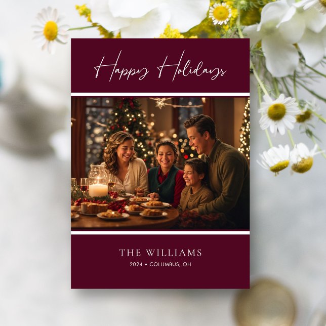 Cartes Pour Fêtes Annuelles Sophistiqué Bourgogne Accentué Photo personnalisée (Sophisticated Burgundy Accented Personalized Photo Holiday Card)
