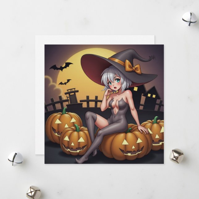 Cartes Pour Fêtes Annuelles Sorcier Halloween Green Eye sur Jack-O-Lantern's (Devant/Arrière en situation)