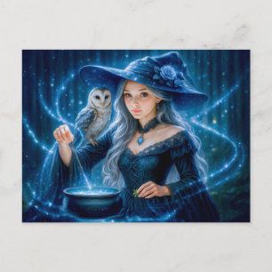 Cartes Pour Fêtes Annuelles Sorcière aux cheveux argentés avec hibou et chaudr