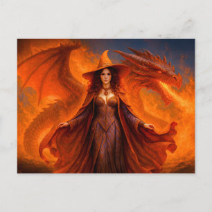 Cartes Pour Fêtes Annuelles Sorcière avec dragon rouge et feu ardent