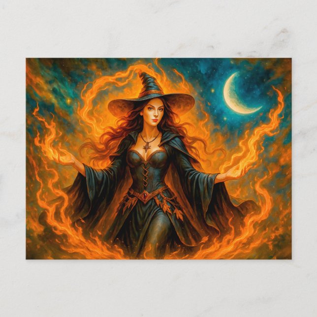Cartes Pour Fêtes Annuelles Sorcière avec flammes et croissant de lune (Devant)