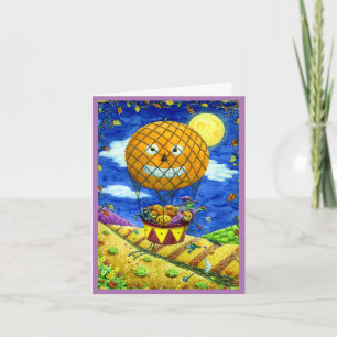 CARTES POUR FÊTES ANNUELLES SORCIÈRE, CHAT NOIR DANS UNE MONTGOLFIÈRE ART POPU