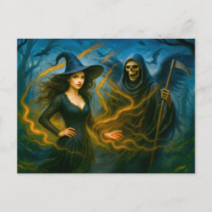 Cartes Pour Fêtes Annuelles Sorcière dans une forêt sombre avec le faucheur