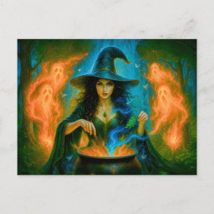 Cartes Pour Fêtes Annuelles Sorcière de la forêt invoquant des esprits lumineu