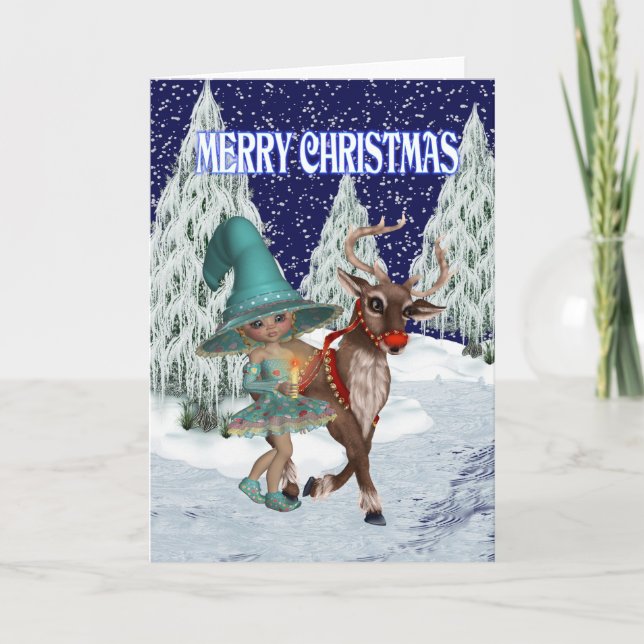 Cartes Pour Fêtes Annuelles Sorcière de Noël et le renne (Devant)