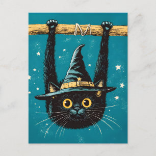 Cartes Pour Fêtes Annuelles Sorcière éffrayante de chat noir volant