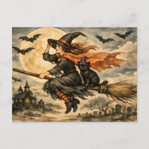 Cartes Pour Fêtes Annuelles Sorcière Halloween Vintage, Chat Noir sur le Balai