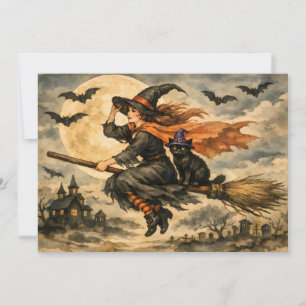 Cartes Pour Fêtes Annuelles Sorcière Halloween vintage, chat noir sur le balai