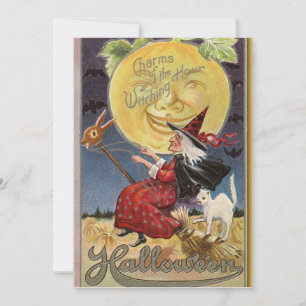 Cartes Pour Fêtes Annuelles Sorcière Halloween vintage et grande lune 