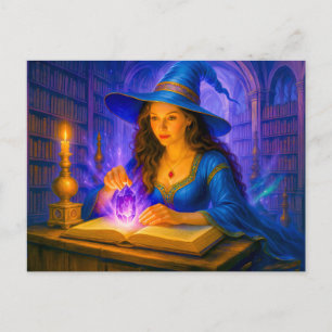 Cartes Pour Fêtes Annuelles Sorcière lisant un livre de sorts avec un cristal 