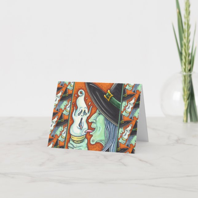 CARTES POUR FÊTES ANNUELLES SORCIÈRE MANGEANT UN CÔNE DE GLACE HURLANT, HALLOW (Devant)