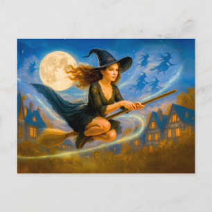 Cartes Pour Fêtes Annuelles Sorcière volante au-dessus des toits du village so