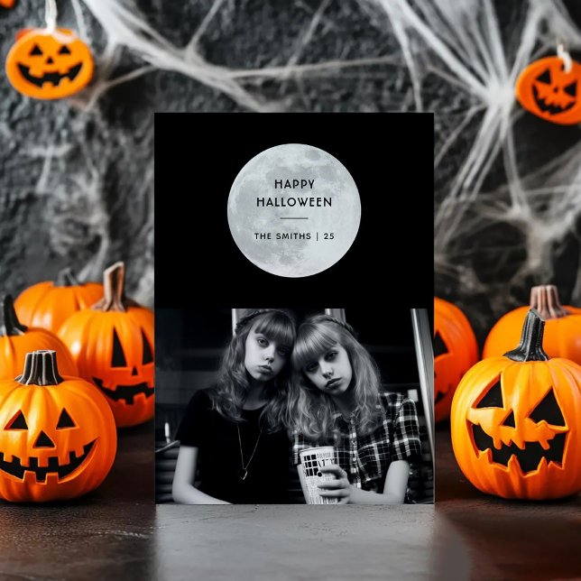 Cartes Pour Fêtes Annuelles Sourire Halloween Lune Chauves-souris Noir & Blanc (Créateur téléchargé)