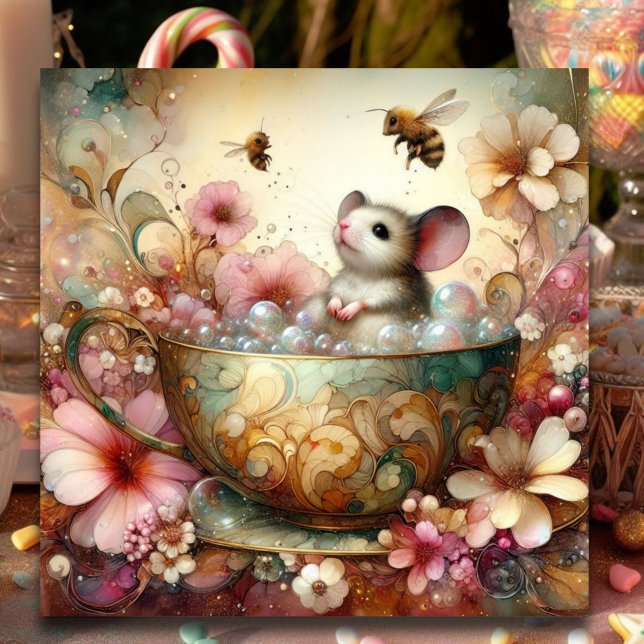 Cartes Pour Fêtes Annuelles Souris Cute Dans Tea Aquarelle Florale Pâques (Créateur téléchargé)