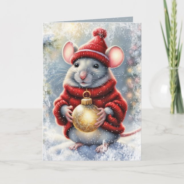 Cartes Pour Fêtes Annuelles Souris De Noël Avec Ornement D'Or (Devant)
