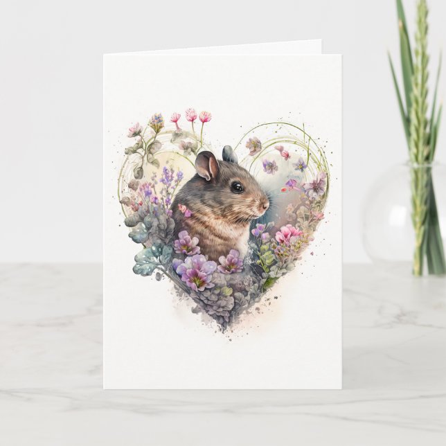 Cartes Pour Fêtes Annuelles Souris douce aux fleurs violettes Saint-Valentin (Devant)