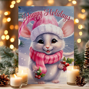 Cartes Pour Fêtes Annuelles Souris mignonne au chapeau de Père Noël Joyeuses F