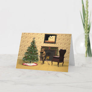 Cartes Pour Fêtes Annuelles Souris mignonne décorant un arbre de Noël