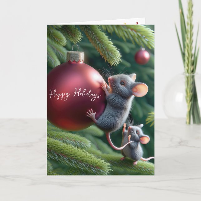 Cartes Pour Fêtes Annuelles Souris sur un ornement de Noël rouge (Devant)