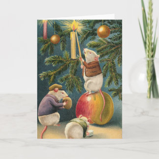 Cartes Pour Fêtes Annuelles Souris vintages allumant l'arbre de Noël