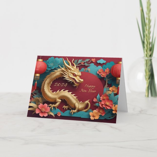 Cartes Pour Fêtes Annuelles Spectacle de dragon d'or Nouvel An chinois (Devant)