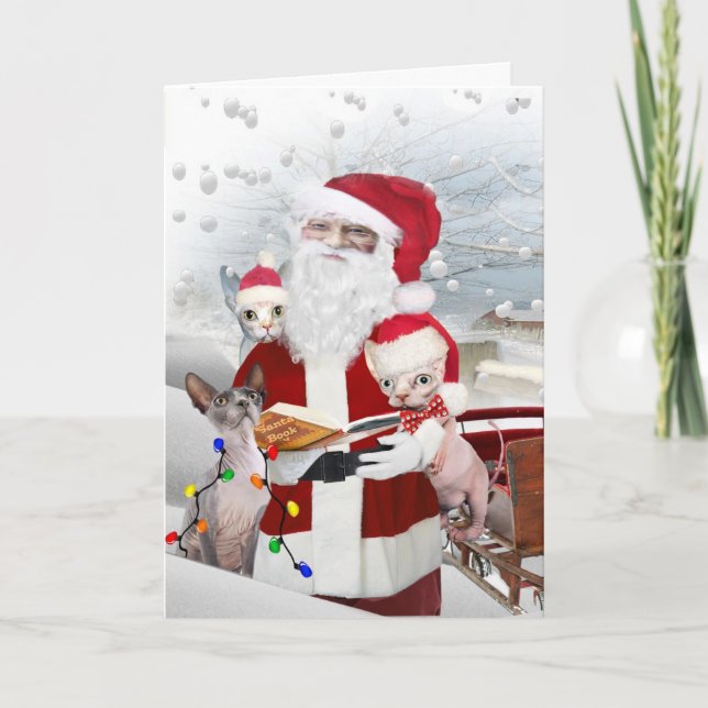 Cartes Pour Fêtes Annuelles Sphynx Kitten's A Look At Santa's Book (Devant)