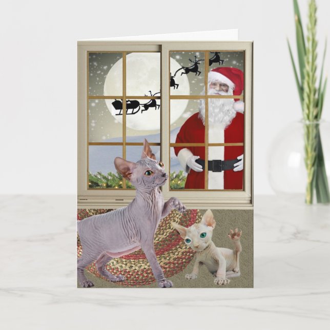 Cartes Pour Fêtes Annuelles Sphynx observant pour l'art de Père Noël (Devant)