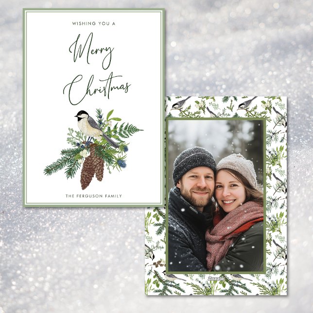 Cartes Pour Fêtes Annuelles Spray Rustique d'hiver Oiseau et pin Photo Noël (Rustic Winter Bird & Pine Spray Photo Christmas Holiday Card)