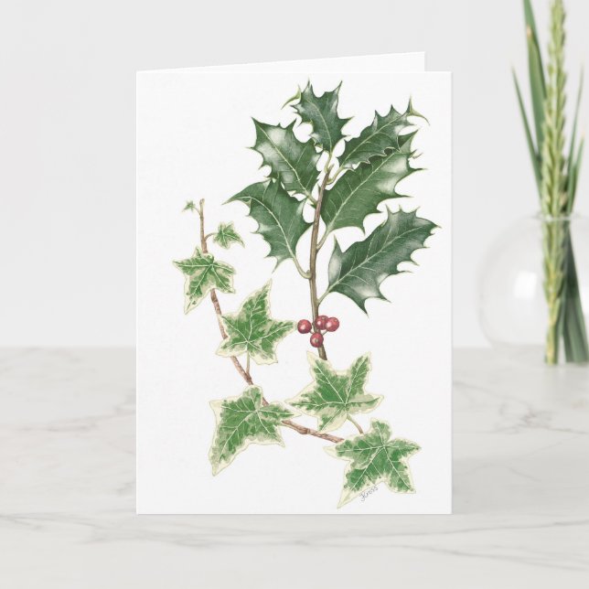 Cartes Pour Fêtes Annuelles Spriges Holly et Ivy en aquarelle botanique (Devant)
