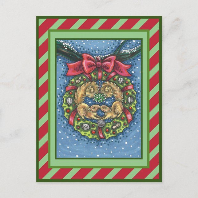 CARTES POUR FÊTES ANNUELLES SQUIRRELS DE BATTERIE SOUS MISTLETOE, VARIE NUT (Devant)