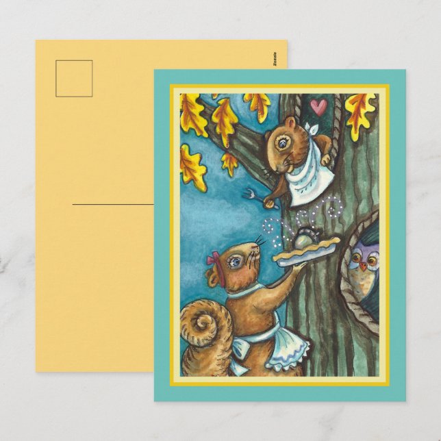 CARTES POUR FÊTES ANNUELLES SQUIRRELS & OWL THANKSGIVING, MAISON ACORN PIE (Devant / Derrière)