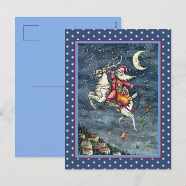 CARTES POUR FÊTES ANNUELLES ST. NICK, RÉINDEUR BLANC VOL, MAGIE DE NOËL (Devant / Derrière)
